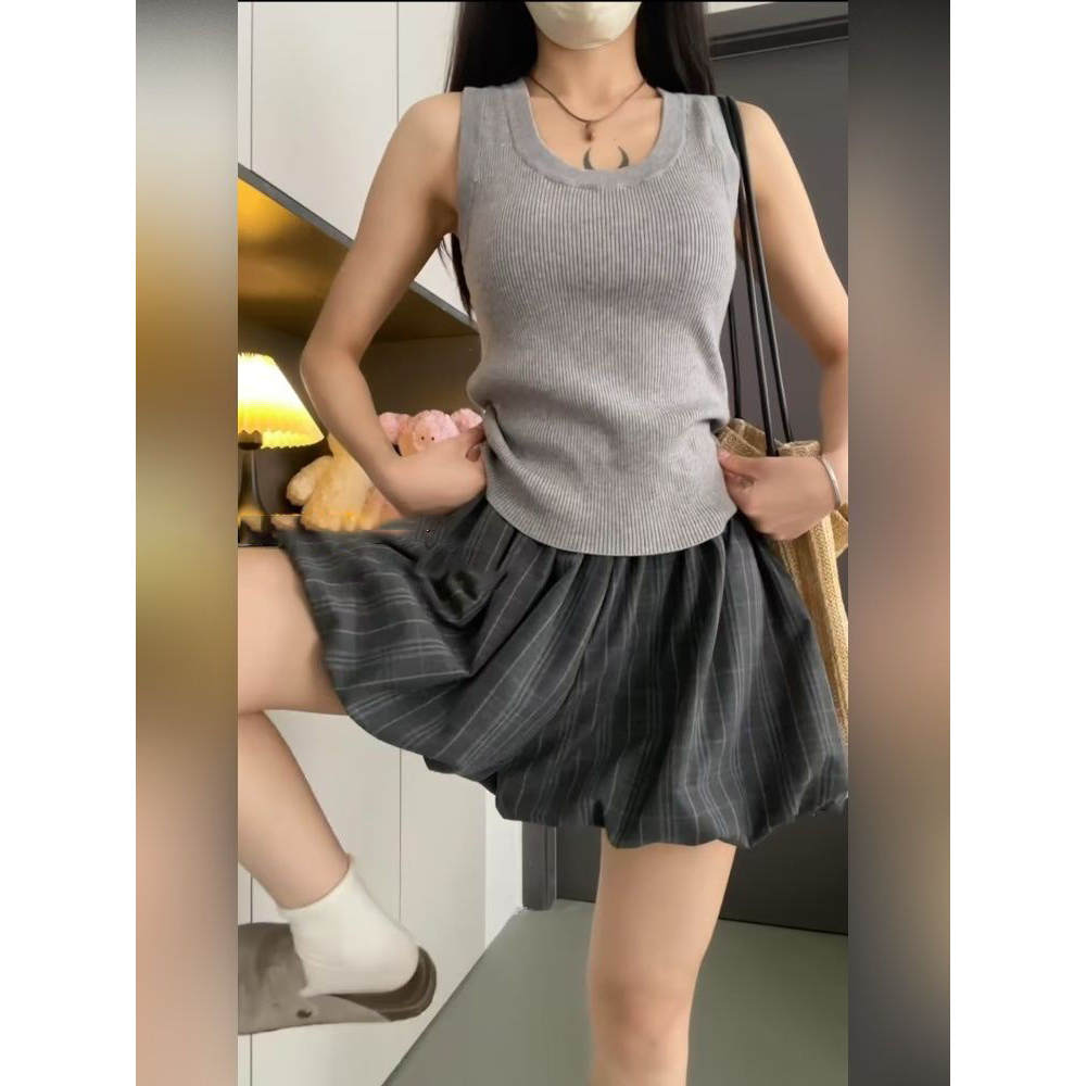 小众设计感格子褶皱宽松裙裤潮