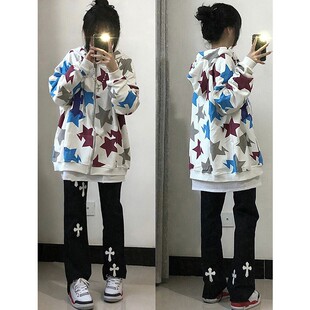 国潮牌高街满印星星学生卫衣女宽松薄款 bf慵懒风拉链外套 连帽开衫