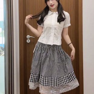 女款 夏季 复古娃娃领收腰绑带衬衫 新款 拼接蕾丝甜美裙子 学院风法式