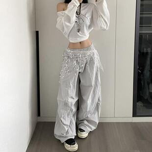 爵士舞弯刀阔腿裤 女夏季 潮 复古亮片屁帘设计感褶皱伞兵裤 原创美式