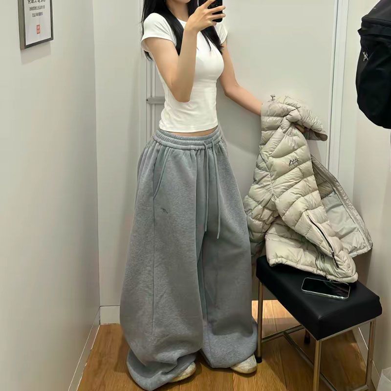 2025年秋季新款复古美式慵懒风印花宽松拼接阔腿休闲跳舞卫裤女潮