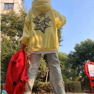美式复古甜酷星星印花浅黄色休闲连帽卫衣女秋冬加绒加厚外套上衣