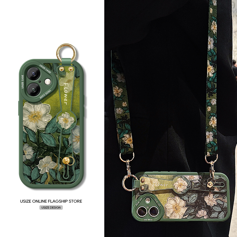 油画玫瑰适用苹果15手机壳16pro新款女iPhone14proMAX全包8p防摔13mini腕带xs挂绳7plus斜跨6s斜挎挂脖xr背带