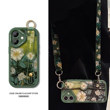 油画玫瑰适用苹果15手机壳16pro新款女iPhone14proMAX全包8p防摔13mini腕带xs挂绳7plus斜跨6s斜挎挂脖xr背带
