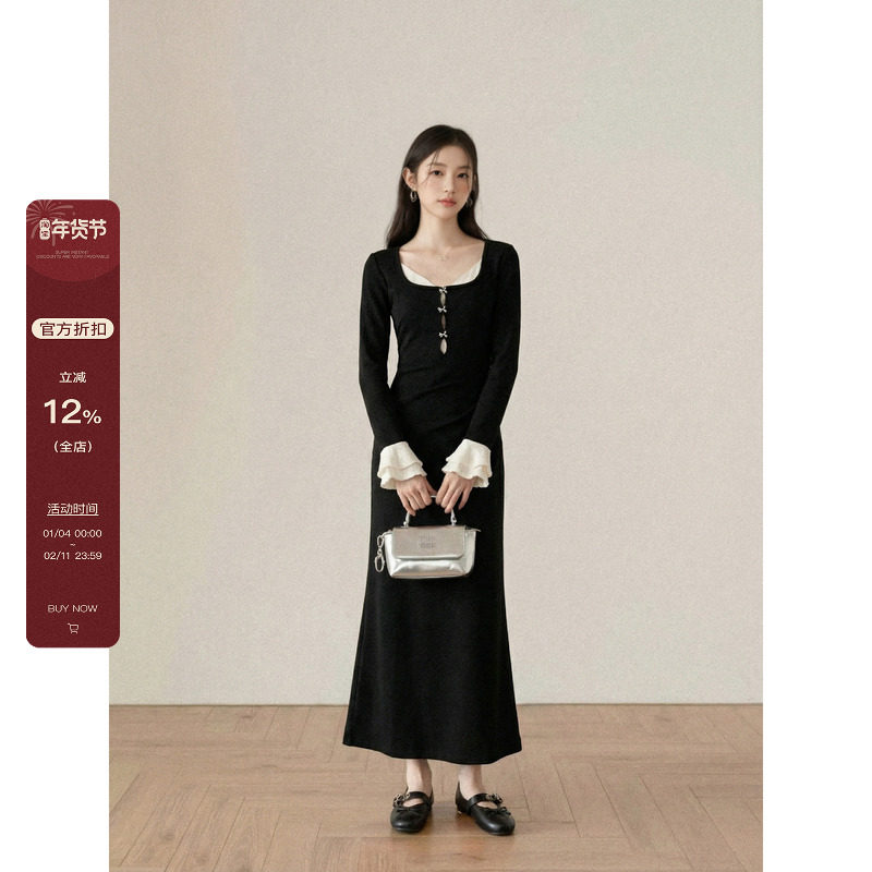 欧阳喜甄选“丝绒心结”黑色拼接假两件长袖连衣裙女新款包臀长裙,女装/女士精品,连衣裙,淘宝优惠券,粉丝福利购,淘宝优惠卷