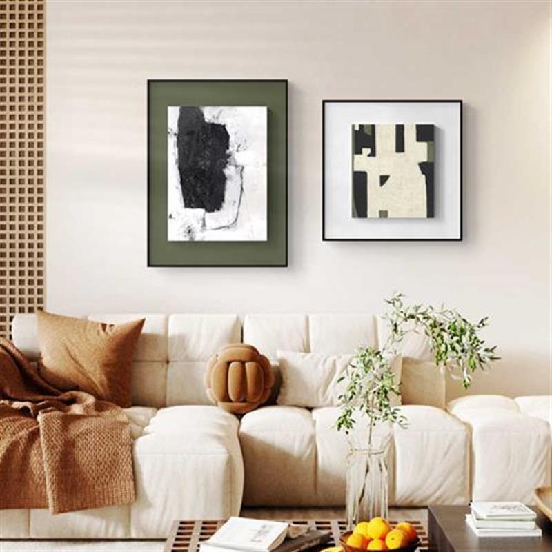 予以沉淀侘寂风装饰画客厅沙发背景墙画双联现代T抽象墨绿色挂画