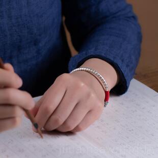 新款子大手善堂纯银心经镯女古开口实心足银本命年红绳好运镯复文