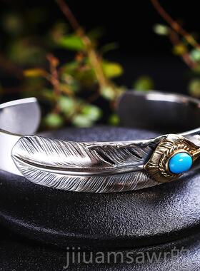 新款天使愿开S925口银饰品手鐲男潮人个性高桥吾郎风格羽毛手镯之