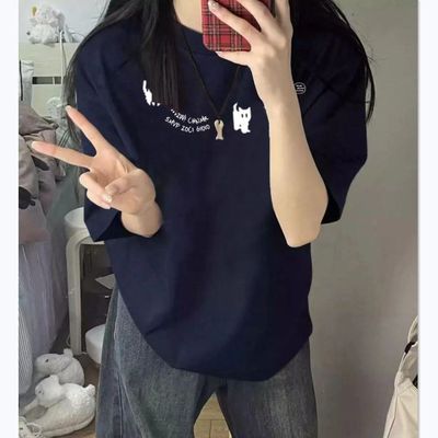 重磅100%纯棉美式潮牌小猫印花短袖t恤女夏季宽松百搭半袖上衣男