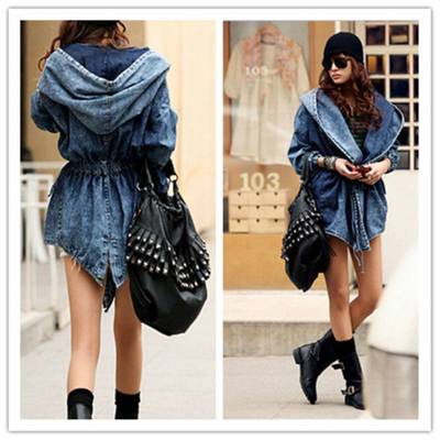 New Women Denim Jackets Oversized Coat Hooded Jeans Jacket