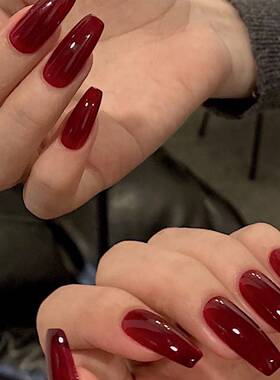 24Pcs Long Stiletto Fake Nail With Jelly Glossy Dark Red