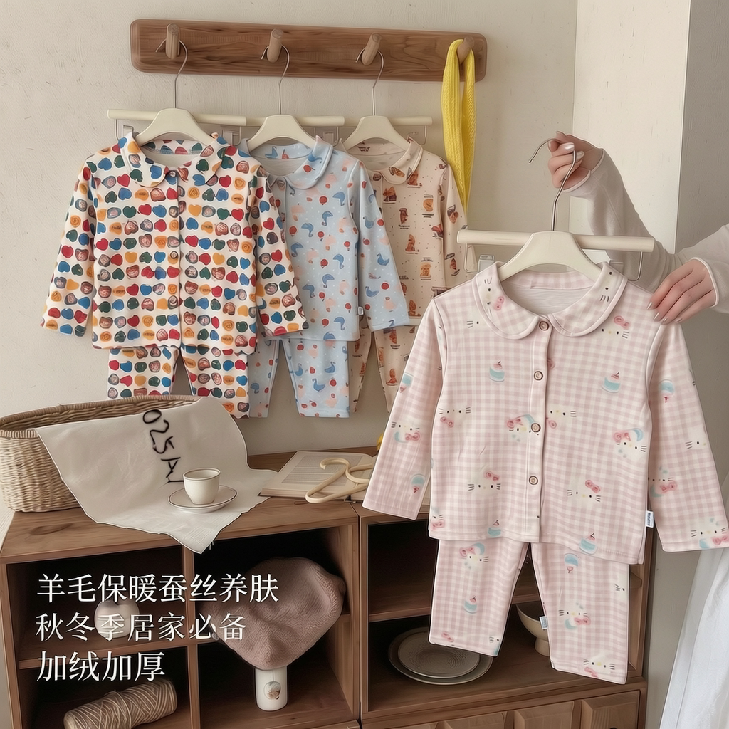 儿童秋冬睡衣男童翻领开衫套装长袖中小童女孩卡通保暖家居服