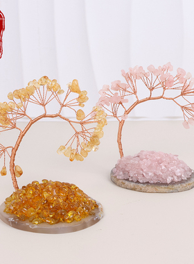 天然迷你水晶幸运树铜线缠绕