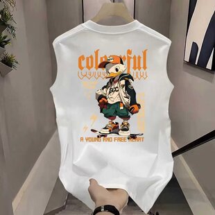 宽松无袖 夏季 T恤外穿运动坎肩白色潮流卡通印花 背心男士 2026新款