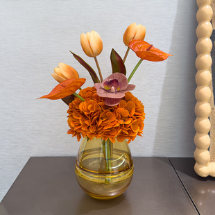 桌面装 饰摆件仿真手感郁金香绣球花艺玻璃花瓶餐厅洽谈桌摆放假花