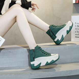 真皮高帮老爹鞋女2025新款春夏季网面百搭小白鞋内增高英伦马丁靴