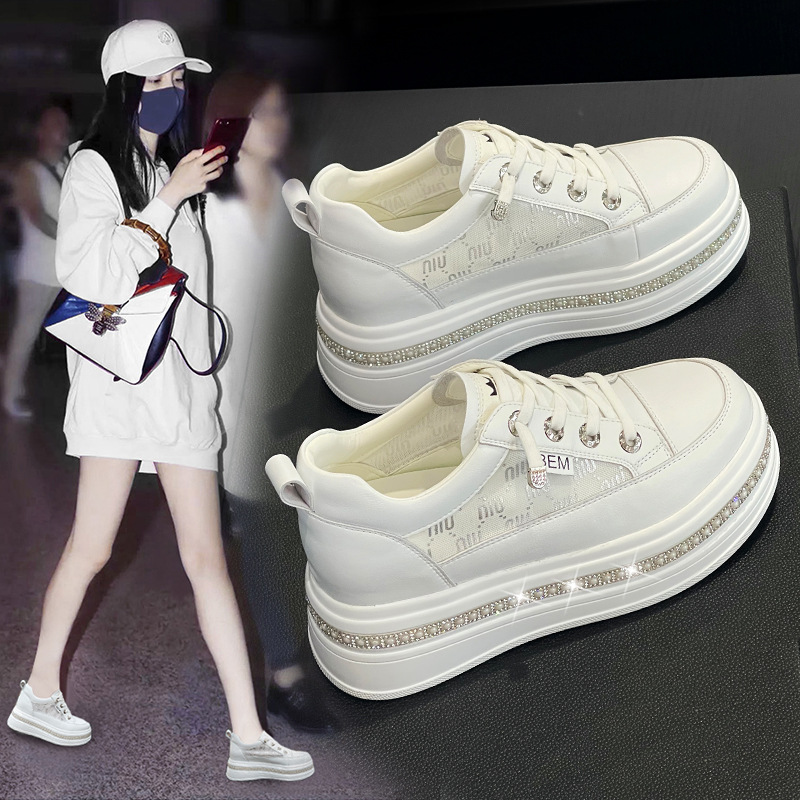 2025夏季新款仙女风水钻拼色厚底增高小白鞋女配裙子外穿网面板鞋