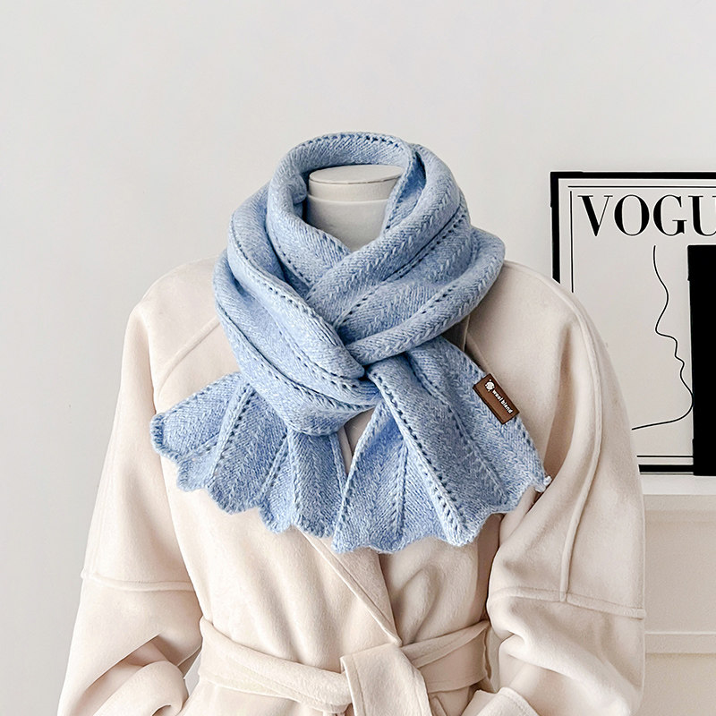 蓝色针织毛线厚围巾女冬季韩系学院风学生保暖护颈儿童软糯小围脖