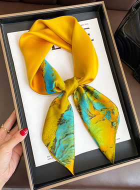 千里江山图黄色小方巾丝巾女妈妈纱巾春秋搭配衬衫护颈围脖子围巾