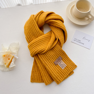 姜黄色针织毛线保暖加厚围巾女生情侣秋冬季儿童护颈小围脖子软糯