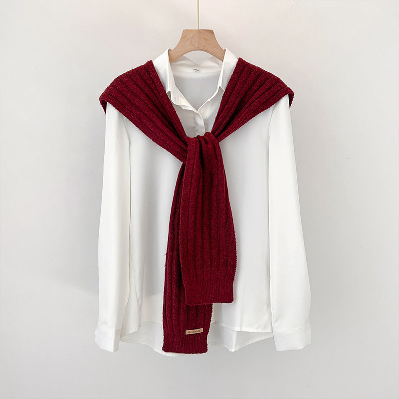 酒红暗红色毛线针织小披肩外搭肩女坎肩衬衫毛衣护颈围脖子薄围巾