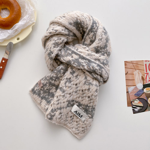 拼色韩系氛围感针织毛线厚围巾女生冬季软糯保暖护颈小围脖高级感