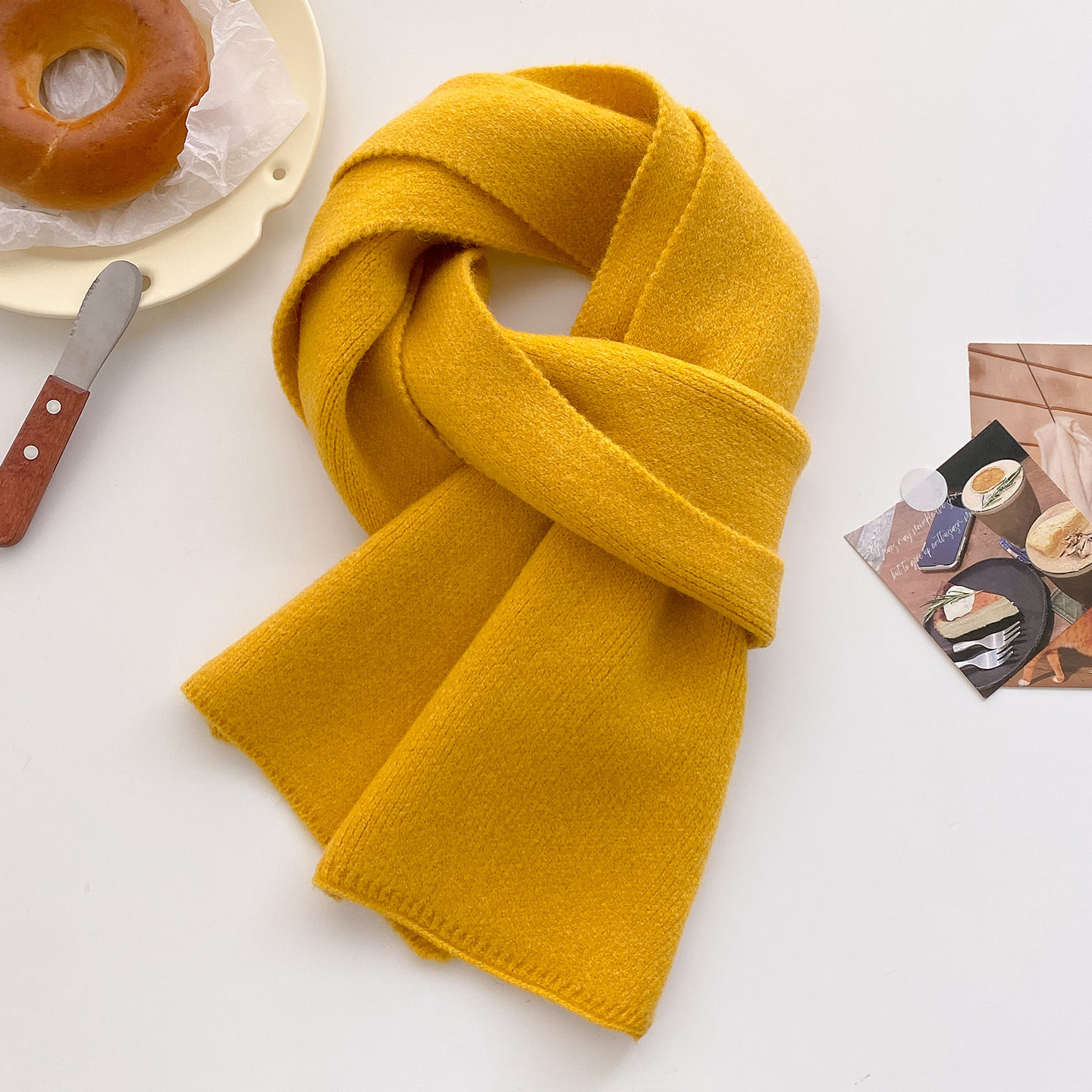 纯色针织毛线加厚围巾女学生冬季姜黄色骑车防风护颈软糯短小围脖