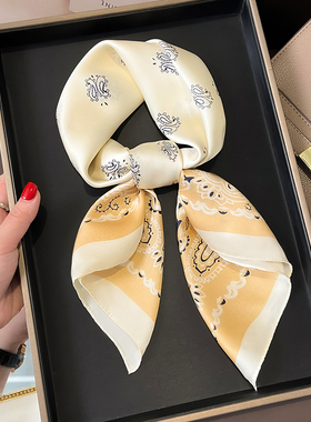 米黄色腰果花小方巾丝巾女春秋夏季搭配衬衫护颈围脖薄围巾70x70