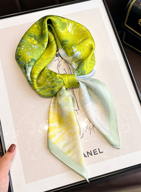 绿色油画小方巾丝巾女春秋冬季护颈饰围脖子妈妈薄纱巾围巾70x70