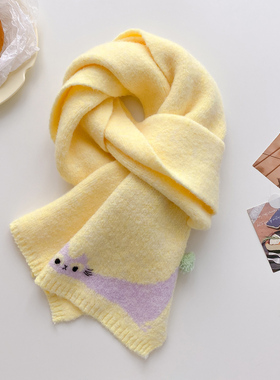针织毛线嫩黄鹅黄色厚围巾少女学生甜美冬季可爱小猫护颈短小围脖