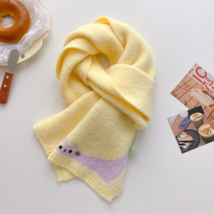 针织毛线嫩黄鹅黄色厚围巾少女学生甜美冬季可爱小猫护颈短小围脖