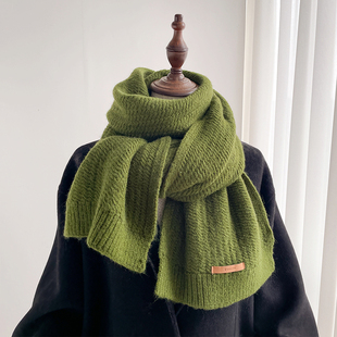 墨绿色粗毛线针织围巾女冬季加厚保暖纯色护颈围脖日系软糯高级感