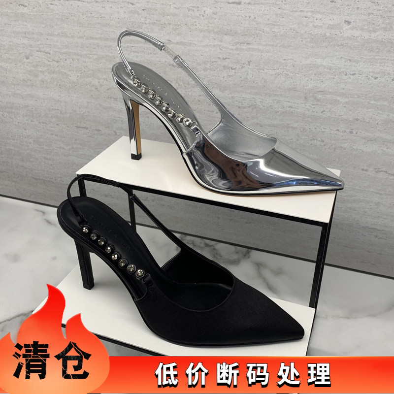CHITENS&KUITH 夏季新款高跟凉鞋细跟尖头水钻链条包头后空女拖鞋