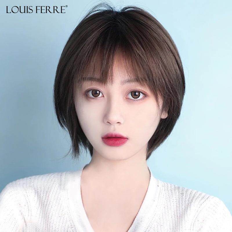假发女短发真发全真人发适合圆脸发型女全头套自然手织递针假发套