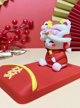 创意醒狮帽招财猫国潮手机支架卡通可爱桌面装饰摆件开业喜庆手