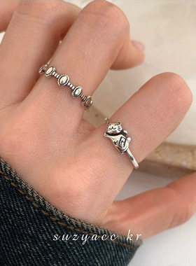 2025韩国重工S925复古小众设计食指招财猫纯银戒指女款新款