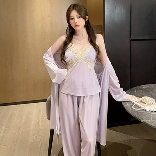 奢华性感睡衣女三件套秋冬季 V领蕾丝保暖家居服代发 吊带长袖 长裤