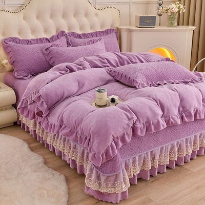 2025新款公主风加厚10斤牛奶绒床盖双人四件套蕾丝精美夹棉床裙