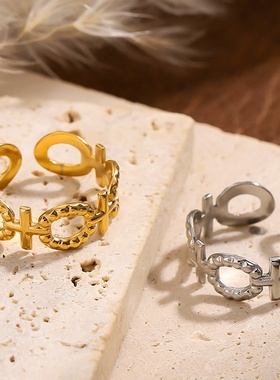 2025新款欧美流行开口不锈钢镂空几何戒指镀金钛钢潮流可调节