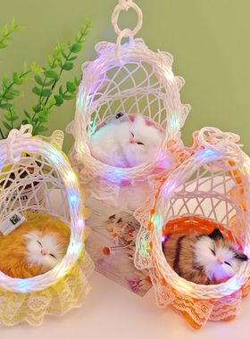 仿真猫咪摆件花边吊篮家居毛绒会叫小猫模型玩具厂家批发毛茸茸