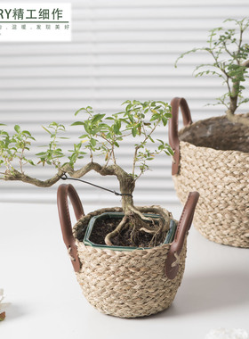 2025新款手工编织海草绳花盆创意绿萝装饰落地绿植手提花篮摆件