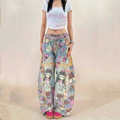 2026年春夏新款原创手绘人物趣味涂鸦弯刀牛仔裤女个性裤子A164达