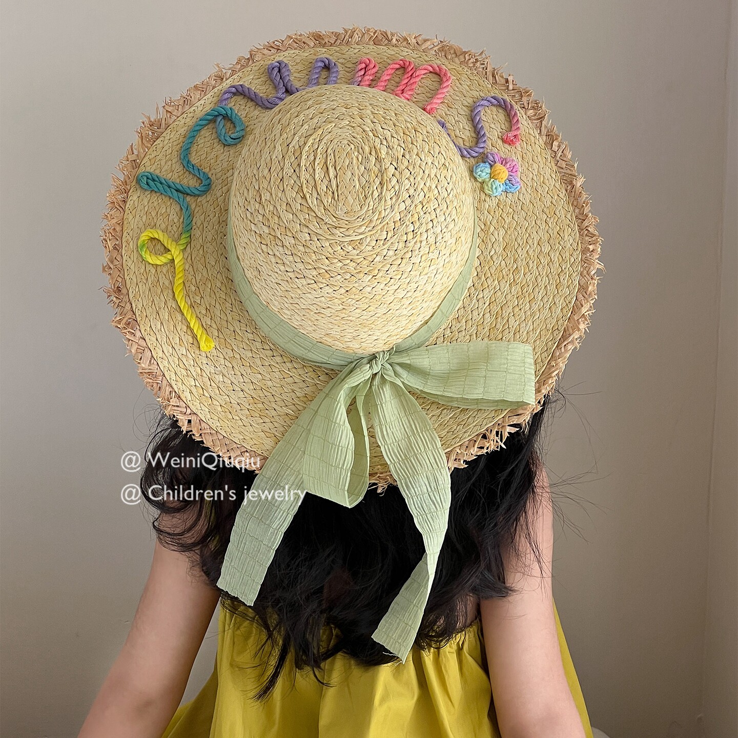 儿童编织草帽彩色字母花边大檐遮阳帽女童夏季防晒海边度假沙滩帽