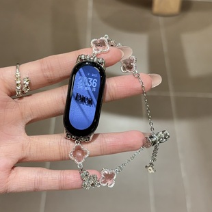 5nfc镶钻伸缩链红米watch5 适用小米手环10表带ins闪钻四叶草透石表链小米9 4表带华为Fit4女89Pro腕带