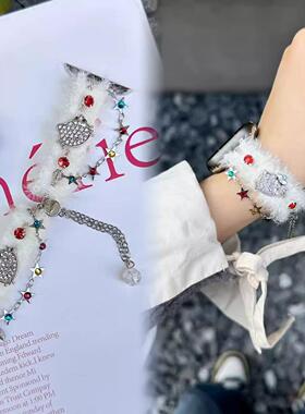 适用华为watchFit3表带ins秋冬毛绒kitty猫伸缩表链GT5/gt4高级女18mm圣诞腕带41mm珍珠watch4/3Pro表链46mm