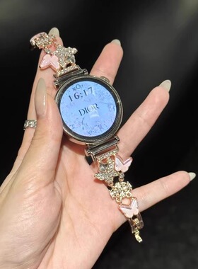 适用华为gt5表带新款5pro小香风闪钻蝴蝶金属表链46mm华为GT4表带41mm高级女watch4/3pro镶钻gt3/gt2表链18mm