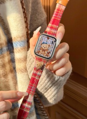 适用红米watch6表带ins秋冬立体小熊格纹毛呢皮质腕带iwatchS11/10/9/8/7代se3女41mm华为D2表带9Pro华为Fit4