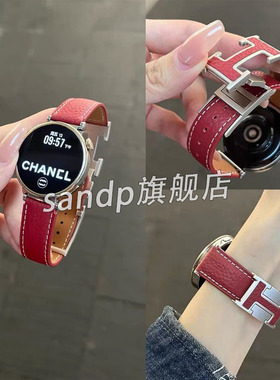 适用华为gt5表带ins新款H扣荔枝纹真皮腕带watch4/3Pro秋冬女41mm真皮GT4/GT3腕带46mm头层皮GT5Pro磁吸表带