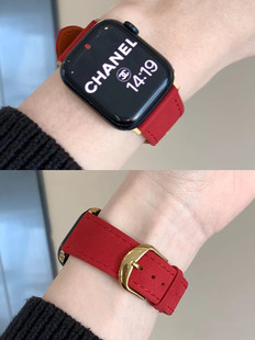 适用苹果iwatchS10表带ins新年红翻毛真皮质表带Applewatch9/8/7/6/5代se真皮46mm表带s9小香风Ultra腕带45mm