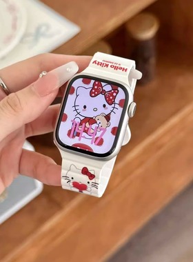 适用小米9Pro表带ins可爱KT猫印花硅胶磁吸腕带iwatchS11/10/9/8/7代se3女41mm百搭46mm华为Fit4红米watch5/4